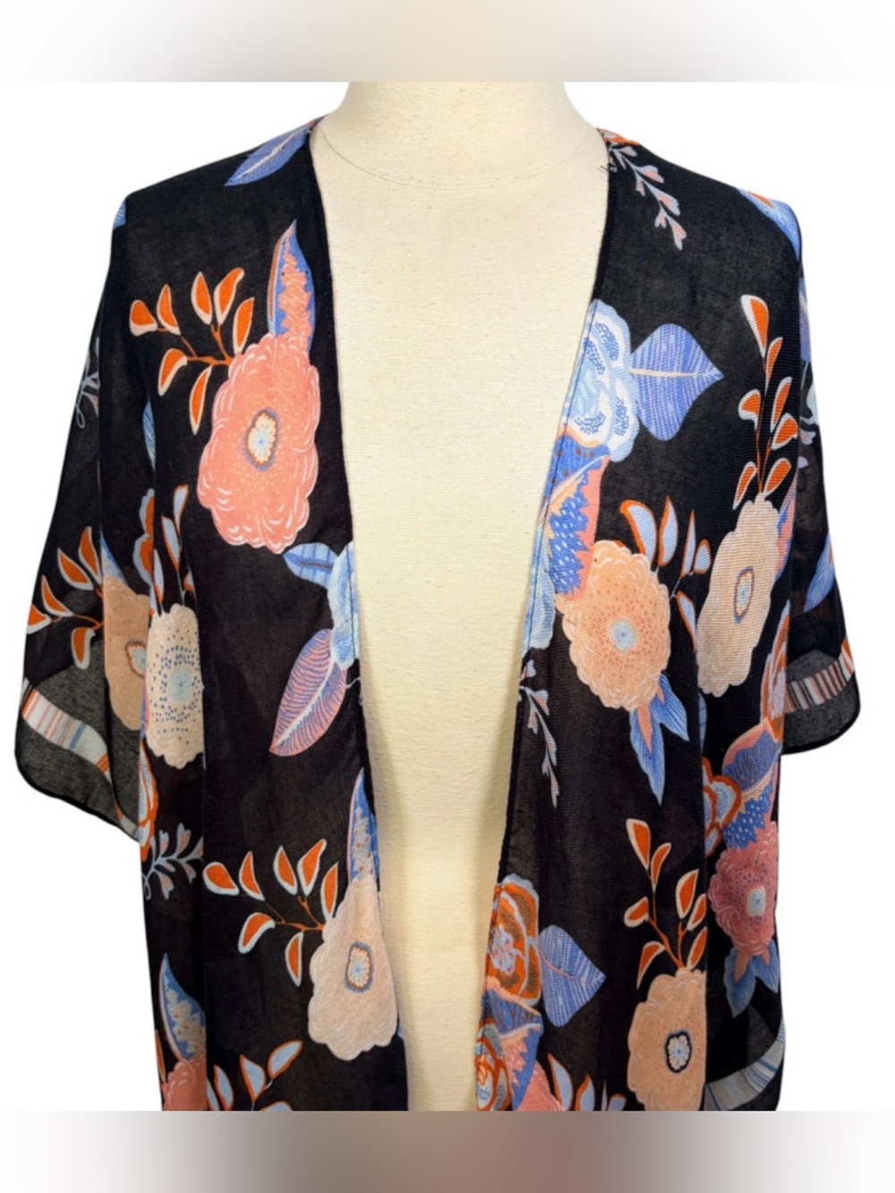 WOVEN HEART Pastel Pink & Blue Floral Black Kimono with Tassels, O/S - Picture 2 of 9